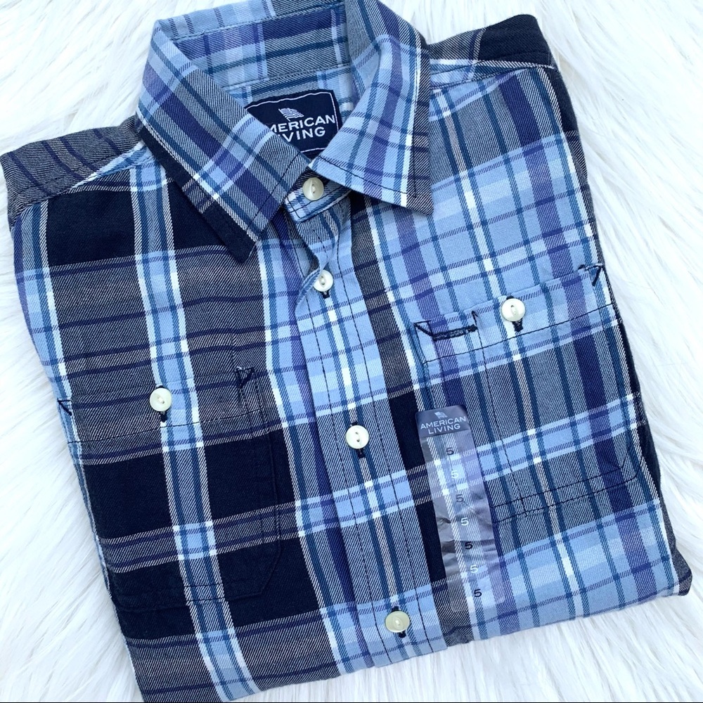 American Living Boys Plaid Button Up Shirt Blue 100% Cotton Size 5